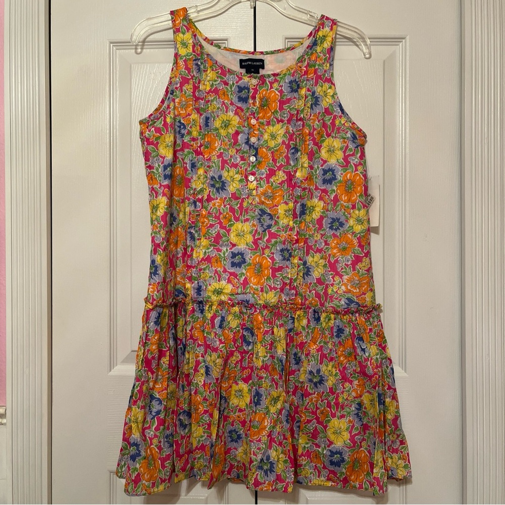 Ralph Lauren Girls Dress Pink Floral Ruffle Dress Size 16 Sleeveless Lightweight